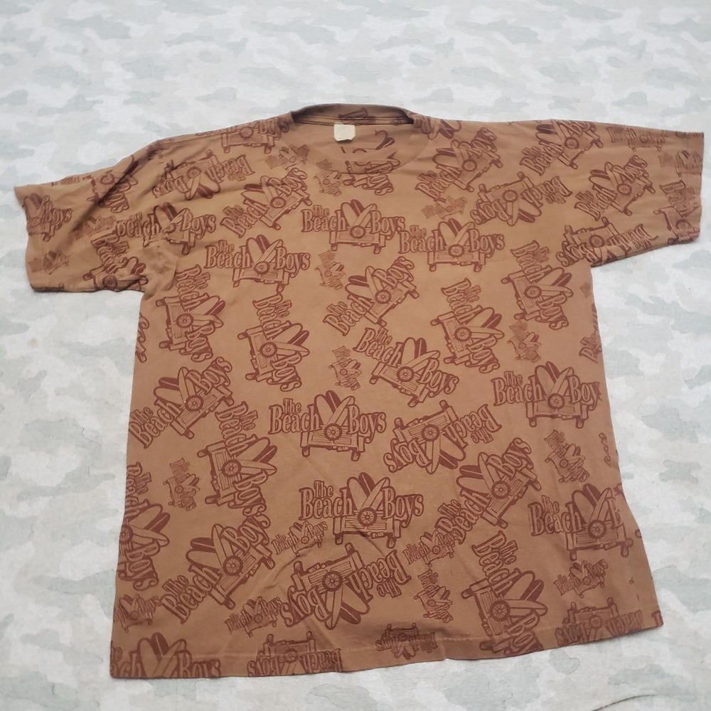 Vintage The Beach Boys Shirt Mens XL Brown All Over Print  Short Sleeve Y2k